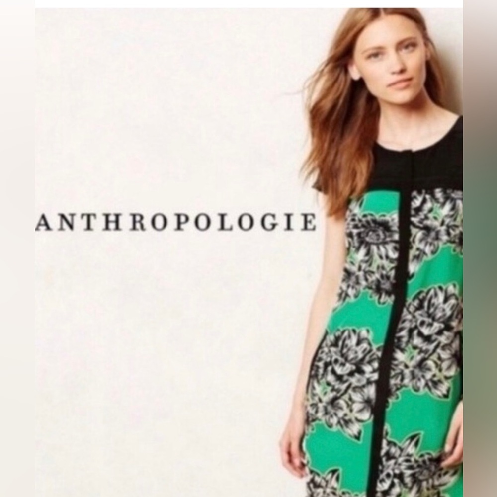 Maeve Anthropologie Silk Green Floral Shift Dress